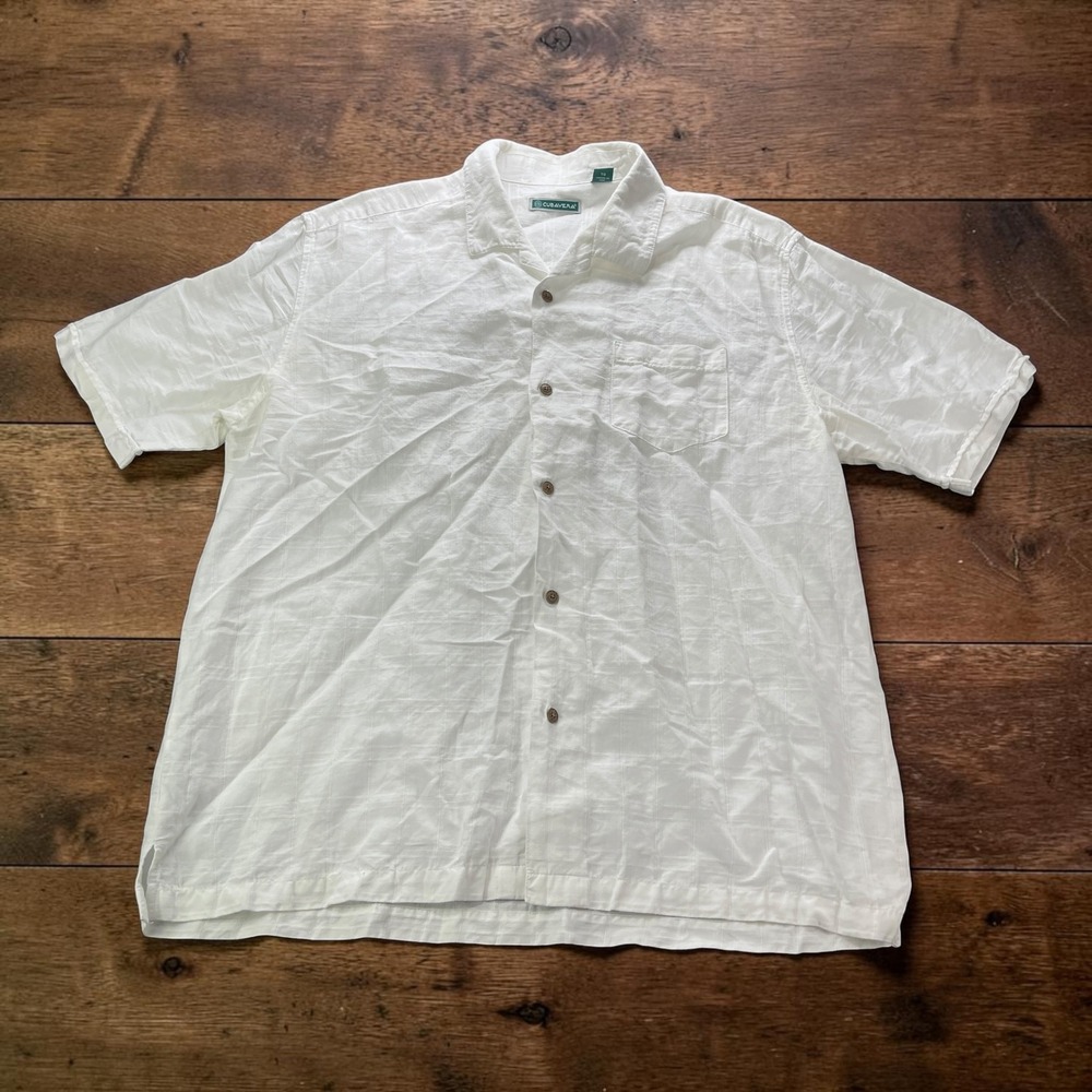 Cubavera Mens XL White Linen Blend Short Sleeve Hawaiian Camp Shirt Dobby Spot